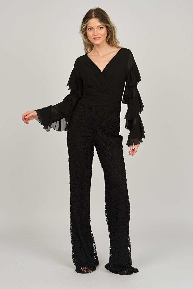 Women's V-Neck Evening Dress Jumpsuit with Ruffled Sleeves 5921155 Black