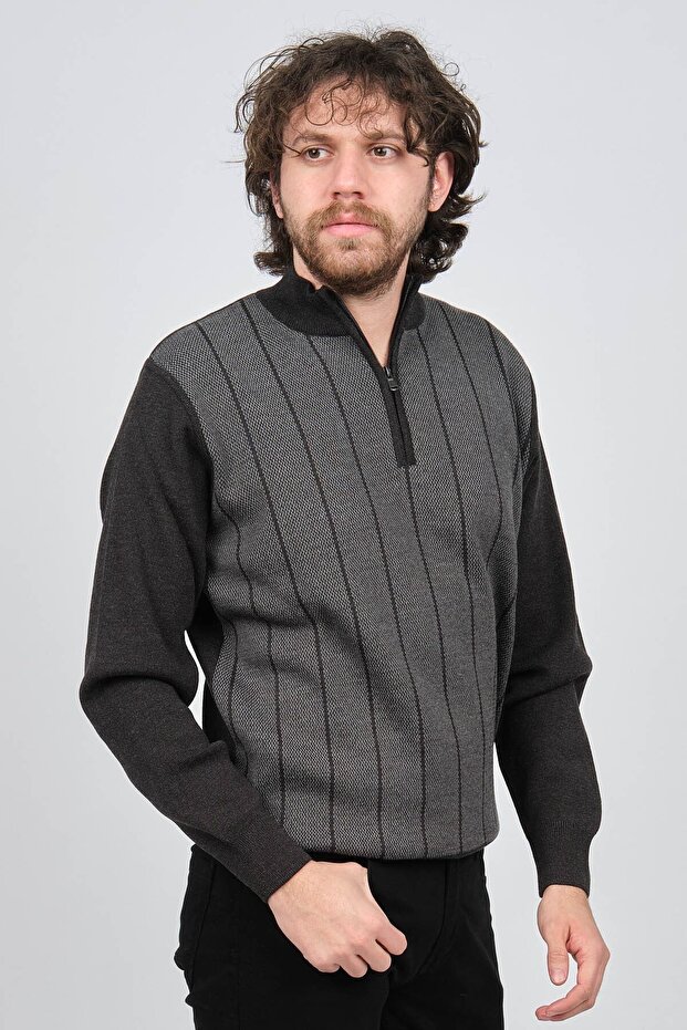 Men's Stripe Patterned Zippered Wool Sweater 4539190 Smoked