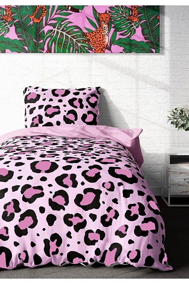 Elastic Double Sided Single Duvet Cover Set - Pink with Leopard - 1