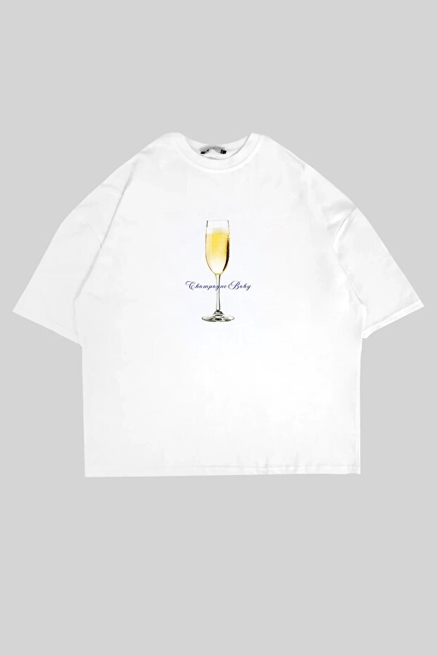 Champagne Baby Printed White Oversize Unisex Tshirt
