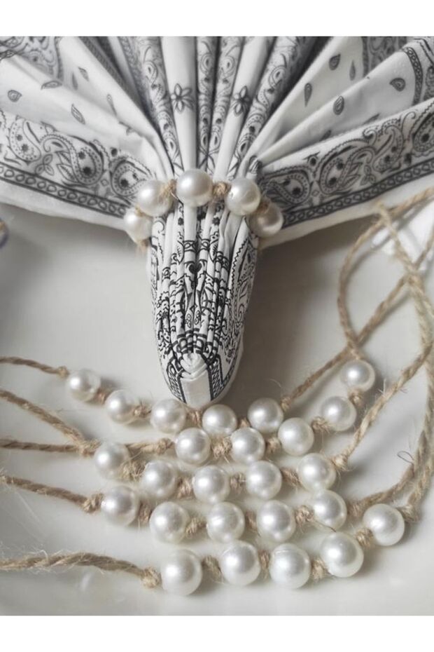 6 Pieces of Jute Stringed Cream Pearl Napkin Rings - Napkin Ring