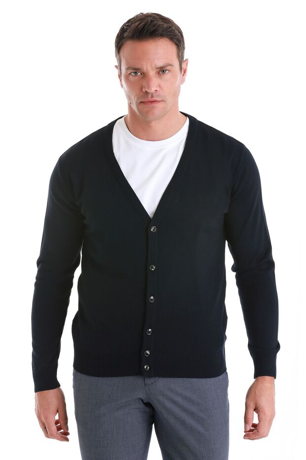 Lacivert Regular Fit Düz V Yaka Triko Hırka - 1