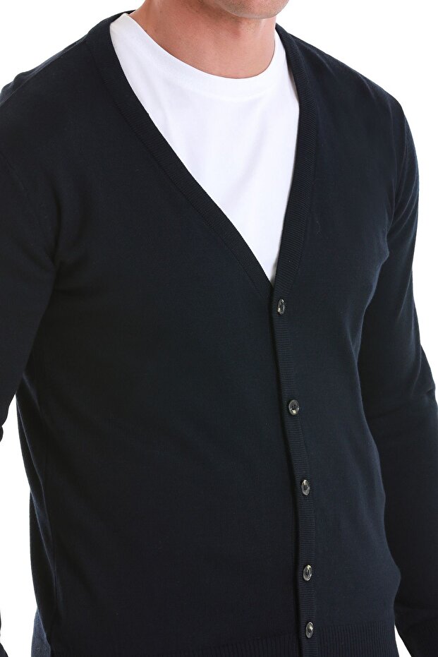 Lacivert Regular Fit Düz V Yaka Triko Hırka - 5