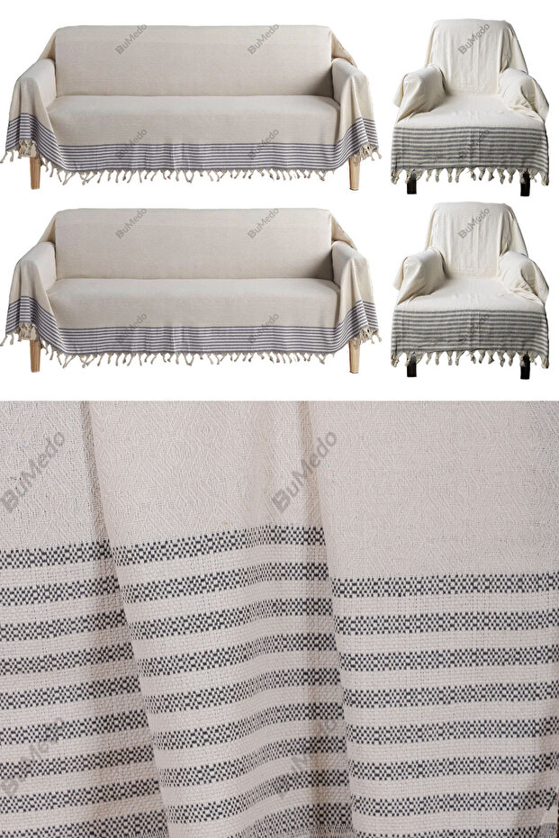 Buldan Work Knitted Single and Triple Cotton Woven Sofa Bed Sofa Cover Set 3-3-1-1 - Cream Gray