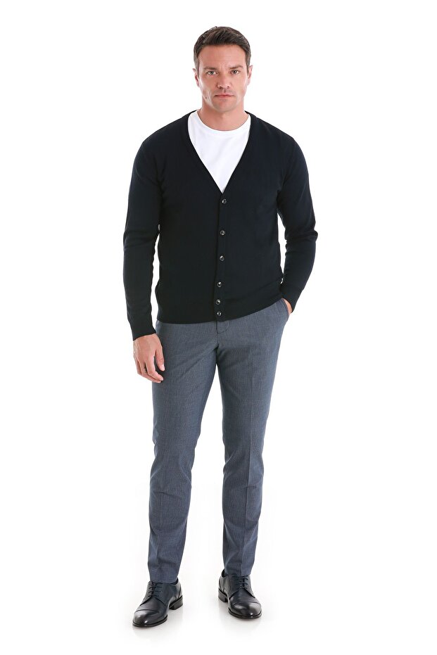 Lacivert Regular Fit Düz V Yaka Triko Hırka - 2