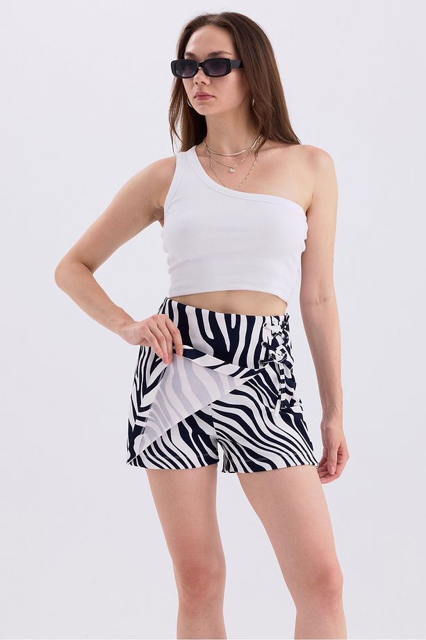 Kadın Zebra Desenli Kuş Gözü Detaylı Mini Şort Etek - 5