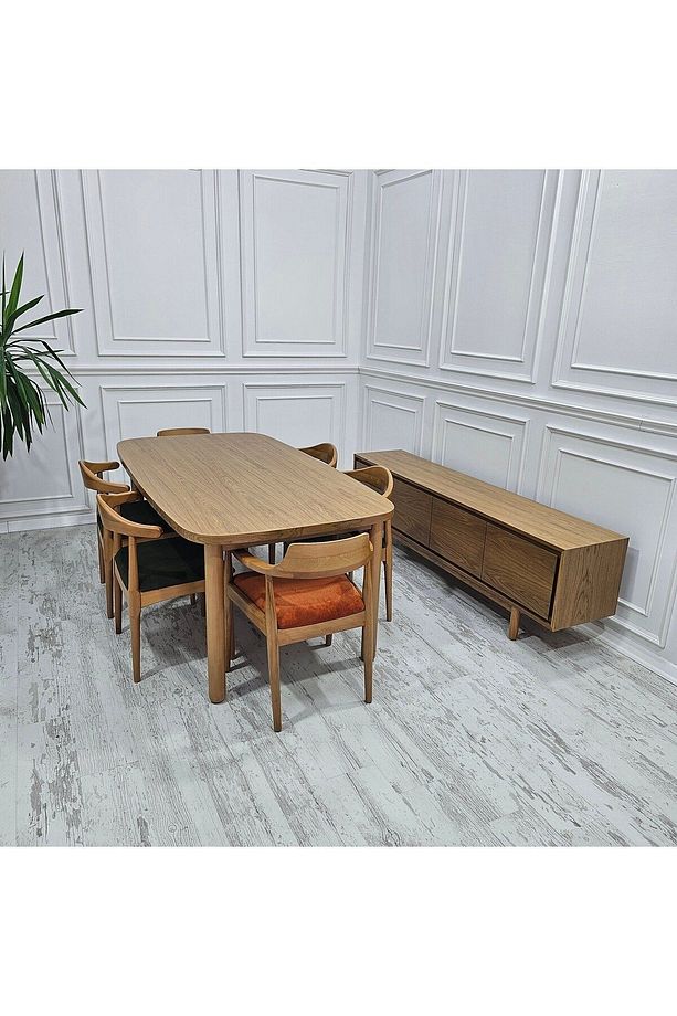 Modern Kaliteli %100 Meşe Tarz 100 x 190 cm Masa + 6 Adet Magnolia %100 Gürgen Sandalye Takımı - 7