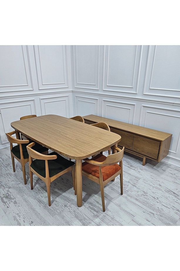 Modern Kaliteli %100 Meşe Tarz 100 x 190 cm Masa + 6 Adet Magnolia %100 Gürgen Sandalye Takımı - 6