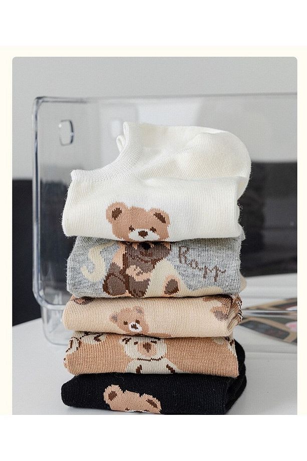 4 Çift Sevimli Çok Renkli Teddy Karikatür Desenli Kadın Patik Çorap Yıkanmış Kokulu - 4