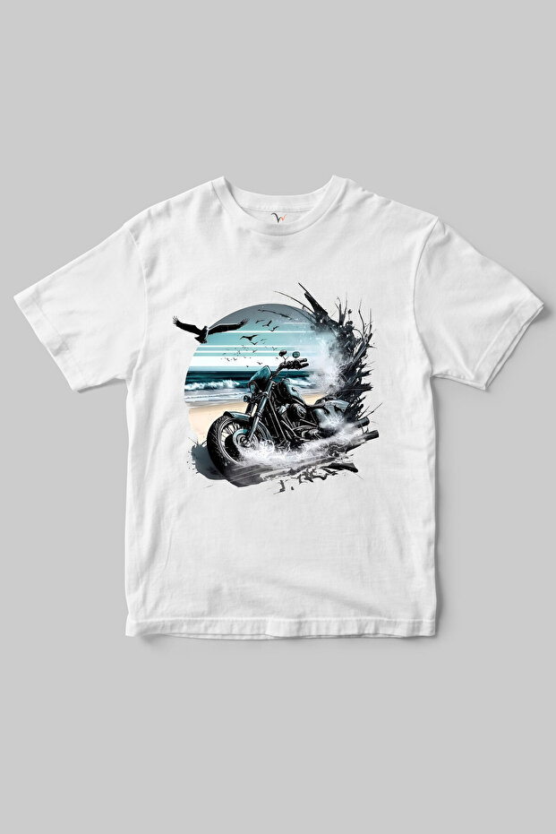 Biker Themed Chopper Motorcycle and Marine Printed Regular Fit 100% Cotton Crew Neck T-Shirt