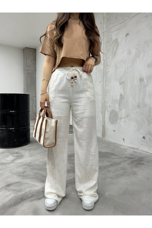 Women's Linen Waist Elastic Lined Wide Cut Pants