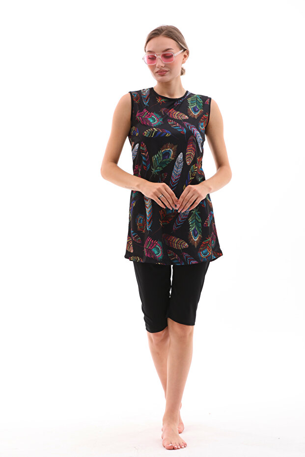 Semi-Closed Black Hijab Swimsuit - Feather Pattern, Lycra Zero Column Fabric