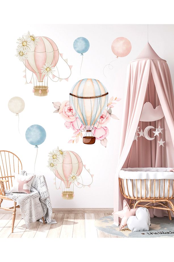 Renkli Çiçekli Retro Balonlar Çocuk Odası Duvar Sticker Seti - Boho Tarzında İskandinav Duvar Süsü - 3