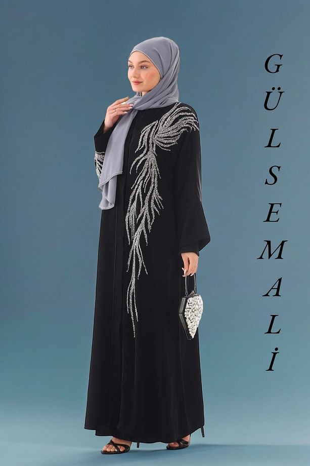 Şık ve Lüks Abaya Ferace Dubai İpeği Kumaşından Özel Dantel İşlemeli Abaya Lüks ve Şık Abaya - 4
