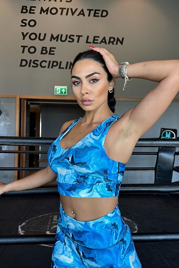 Women's Sports Bra V-Neck Blue Pattern