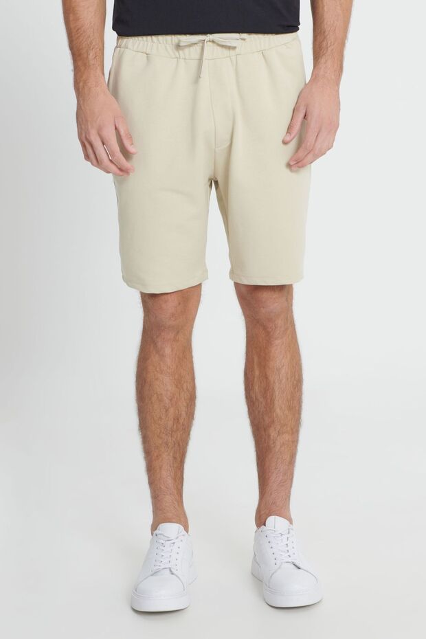 Erkek Bej Standart Fit Normal Kesim Pamuklu Cepli Örme Şort - 3