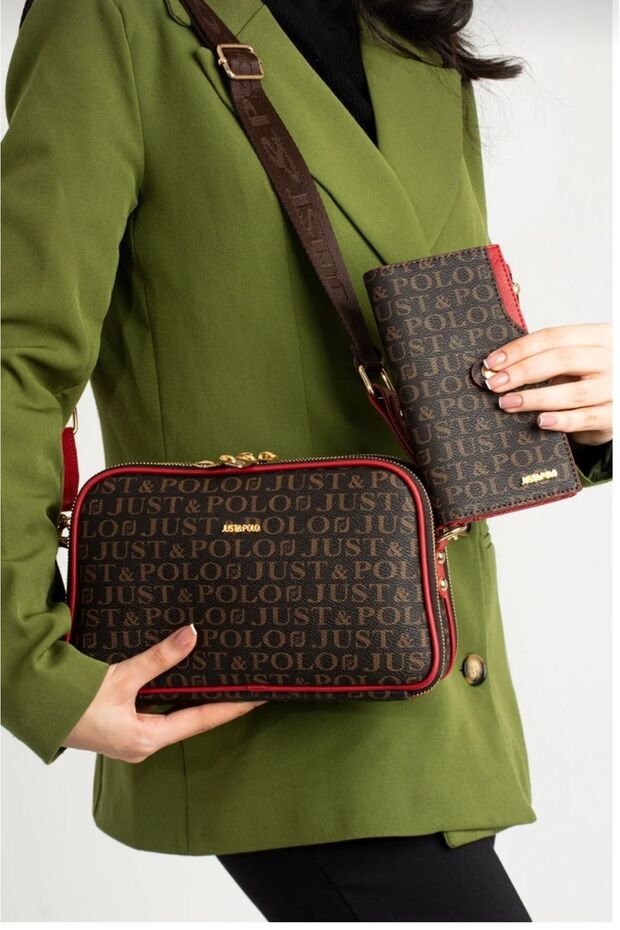 Women's Coffee-Red Shoulder Bag and Wallet Set