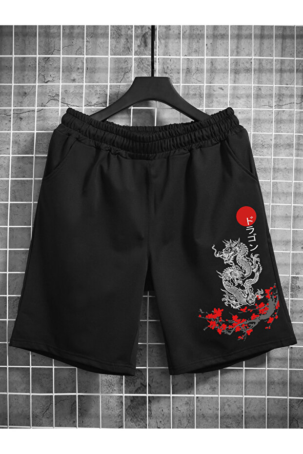 Japan Dragon Combed Cotton Shorts - Black Printed Summer Shorts with Pockets