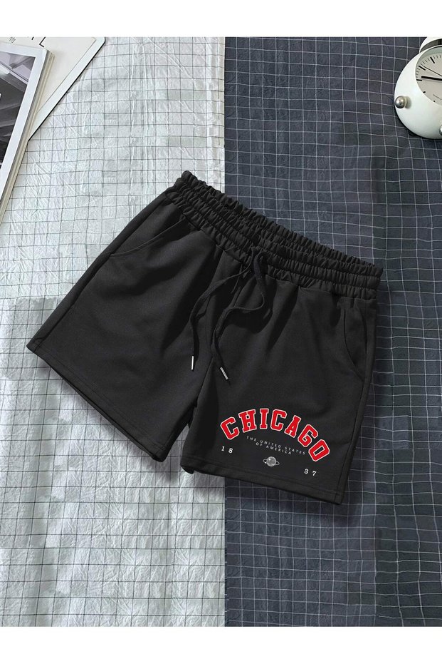 Chicago 1837 California Combed Cotton Shorts - Black Printed Summer Shorts with Pockets