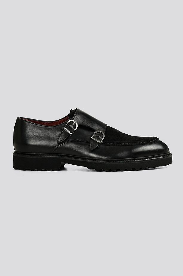 Siyah Deri ve Süet Kombin Monk strap - 2