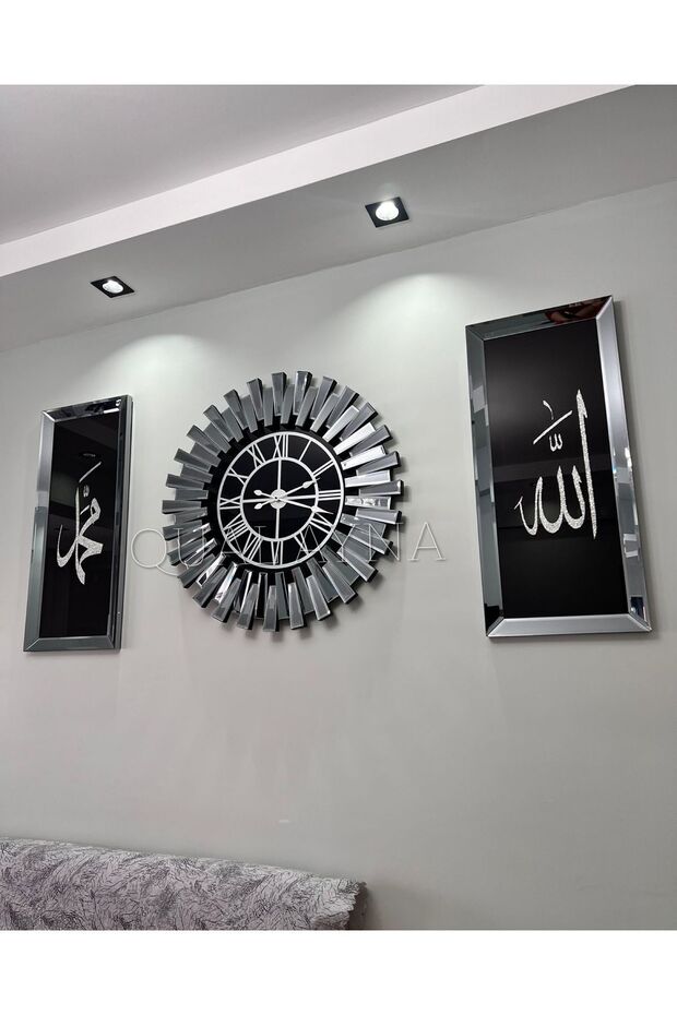 3’lü Füme 65 cm Piyano Saat ve 30*70 cm Allah ve Muhammed Tablo Seti - 2