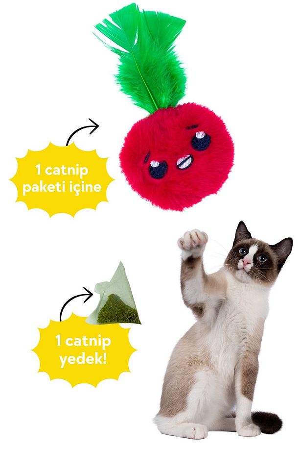 Elma Şeklinde Catnip Cepli Peluş Kedi Oyuncağı 2 Adet Catnip Paketi Dahil - Catnipli Kedi Oyuncağı - 7