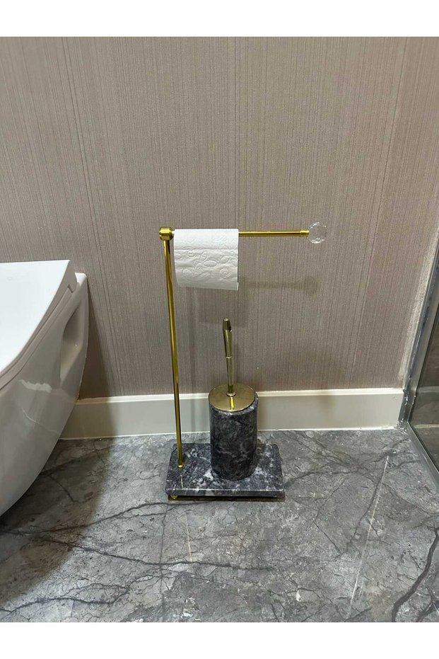 Marble toilet paper holder hanger - toilet brush holder - smoked marble - gold