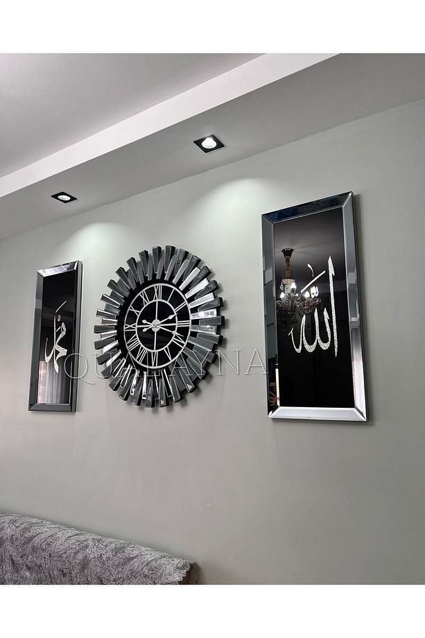 3’lü Füme 65 cm Piyano Saat ve 30*70 cm Allah ve Muhammed Tablo Seti - 4