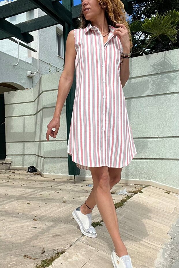 Women's Dried Rose Linen Look Self Patterned Sleeveless Shirt Dress BST700-3583