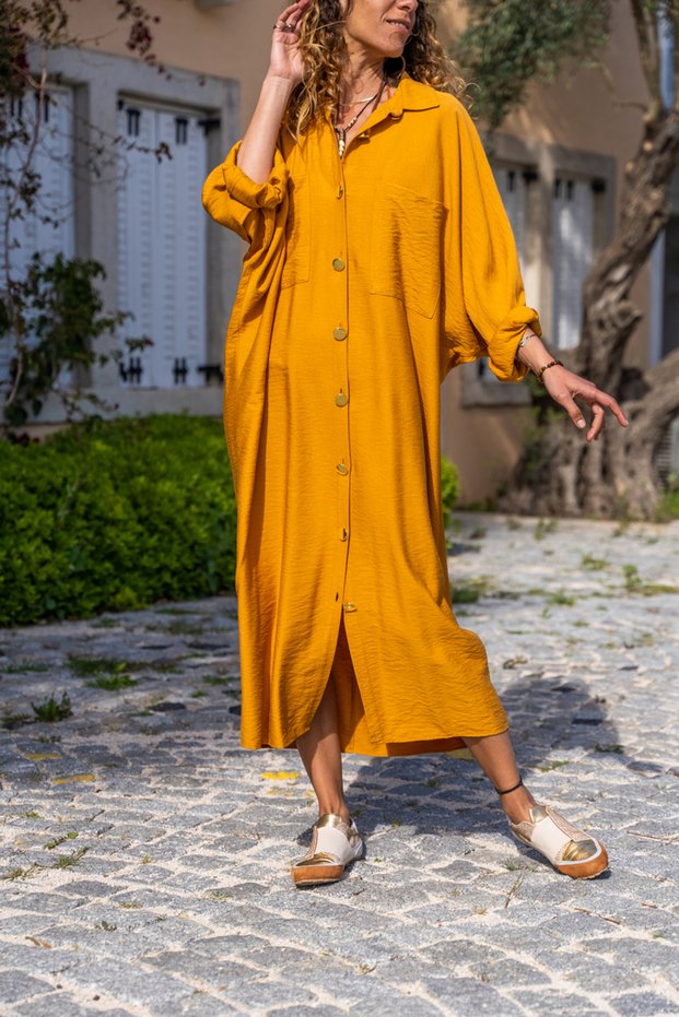 Women's Mustard Linen Bat Sleeve Casual Pocket Shirt Dress Bst3282