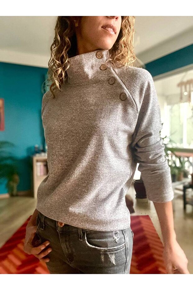 Women's Powder Turtleneck Button Detailed Soft Textured Sweater Gk-bst3012