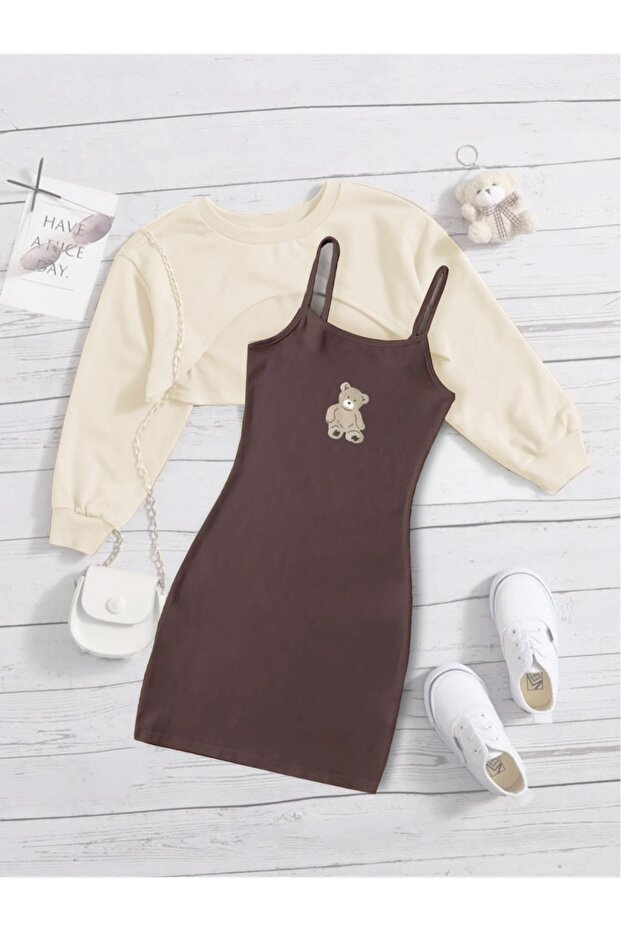 Children's Teddy Bear Print Dress & Crop Sweat Combination