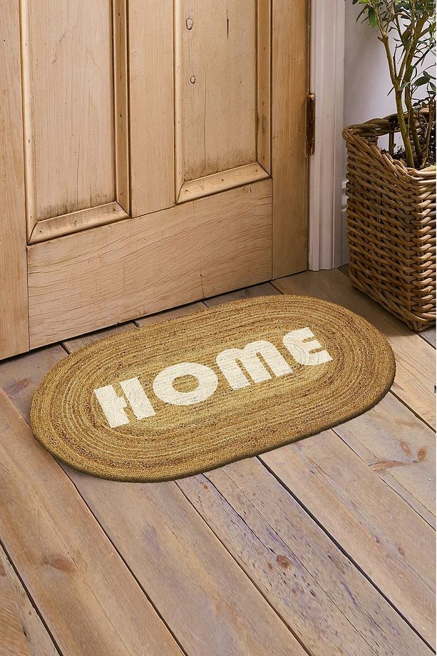 Else Home Yazılı Çift Taraflı El Örgüsü Jüt Oval Iç Ve Dış Kapı Önü Paspası - 1