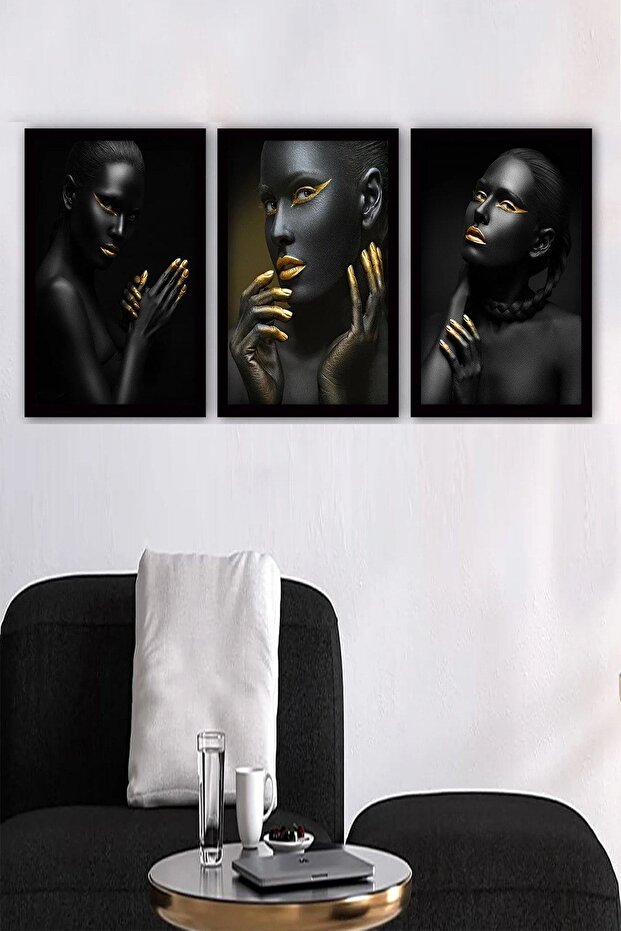 Else Zenci Kız Desenli Çerçeve Görünümlü Kumaş Yüzey 3 Lü Tablo Seti - 1