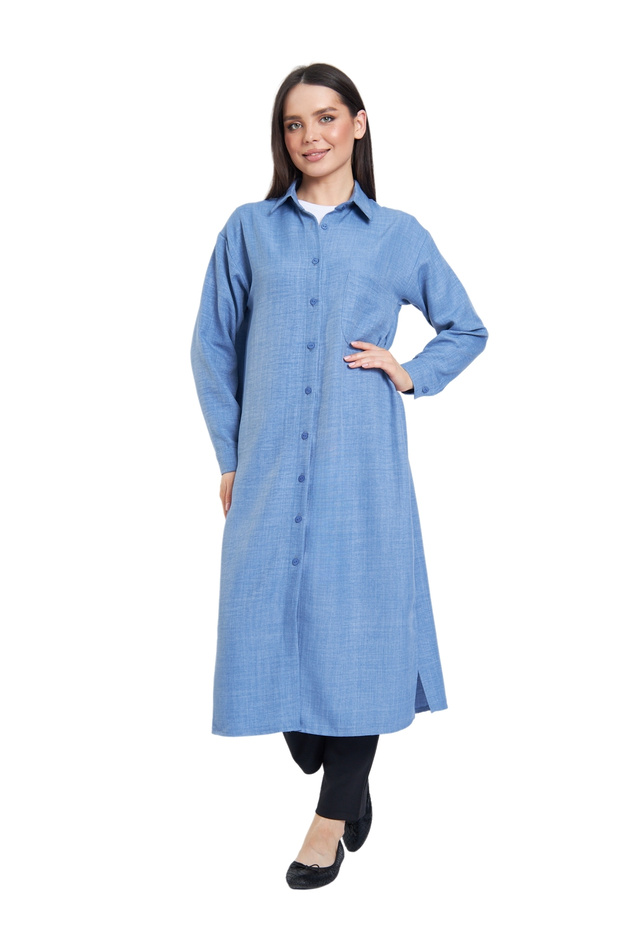 Keten Dokulu Uzun Basic Gömlek - 6