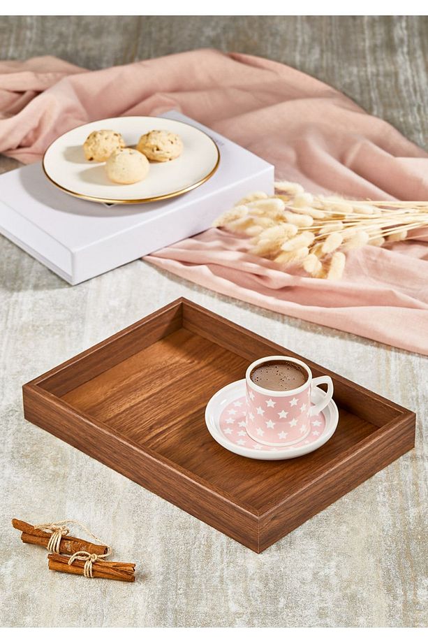 Ahşap Dekoratif Sunum Ve Kahve Servis Tepsi Ceviz Mdf M-3064 - 1