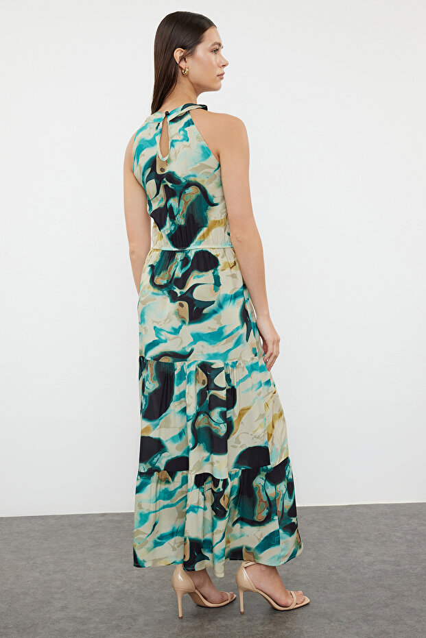 Siyah Soyut Desenli A Kesim Halter Yaka Maxi Dokuma Elbise TWOSS24EL01025 - 5