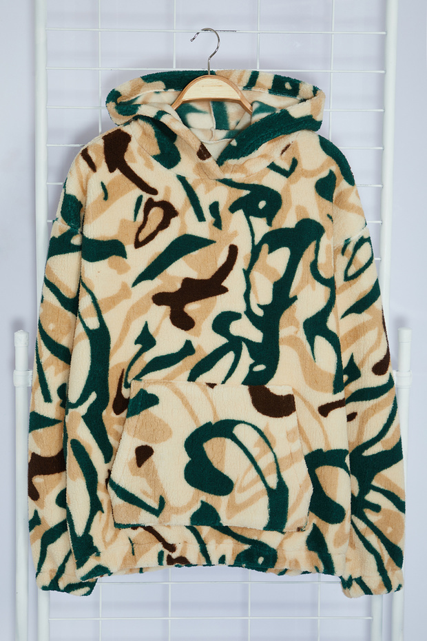 Çok Renkli Unısex Oversize/Geniş Kesim Desenli Polar/Peluş Kapüşonlu Sweatshirt TMNAW25SW00147 - 6