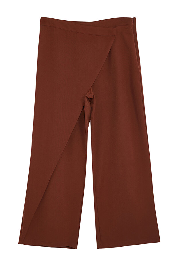 Kahverengi Wide Leg/Geniş Paça Çapraz Kapama Detaylı Dokuma Pantolon TBBSS24AR00049 - 6