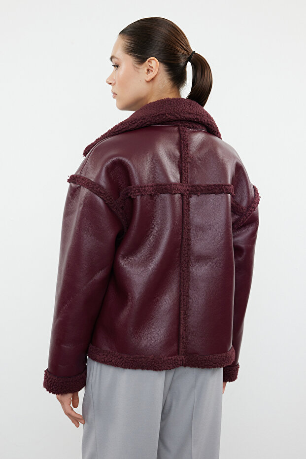 Bordo Peluş Detaylı Suni Deri Biker Ceket Mont TWOAW25MO00066 - 13
