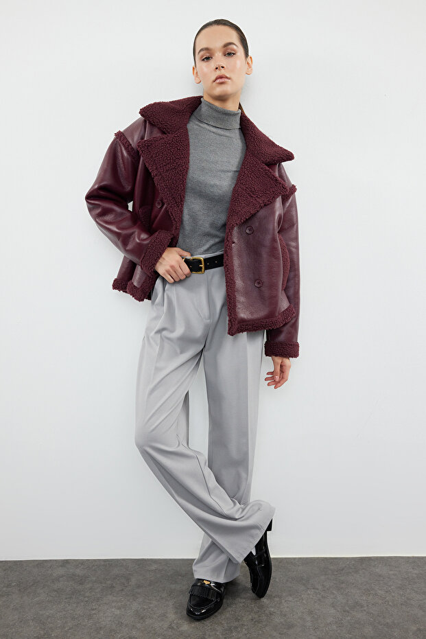 Bordo Peluş Detaylı Suni Deri Biker Ceket Mont TWOAW25MO00066 - 18