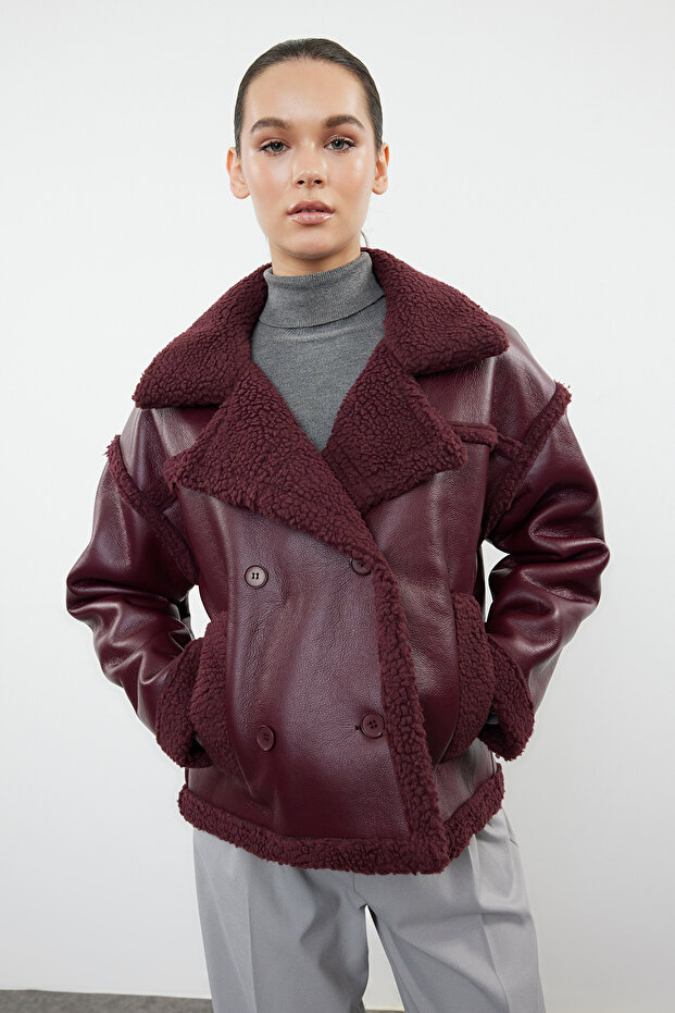 Bordo Peluş Detaylı Suni Deri Biker Ceket Mont TWOAW25MO00066 - 10