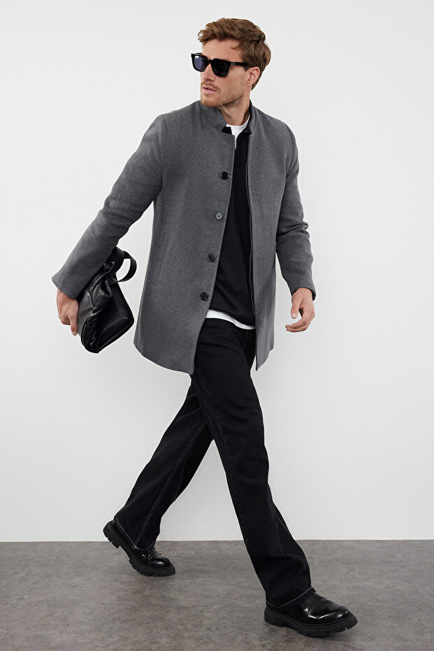 Anthracite Slim Fit High Collar Winter Cashmere Coat Tmnaw24Kb00005