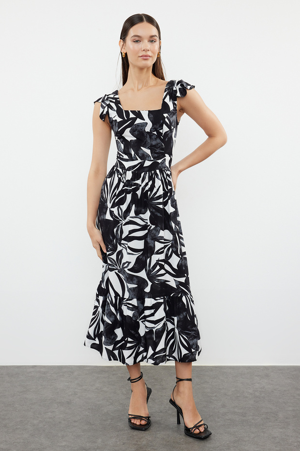 White Floral Print Square Neck A-Line Viscose Midi Woven Dress Twoss20El3331