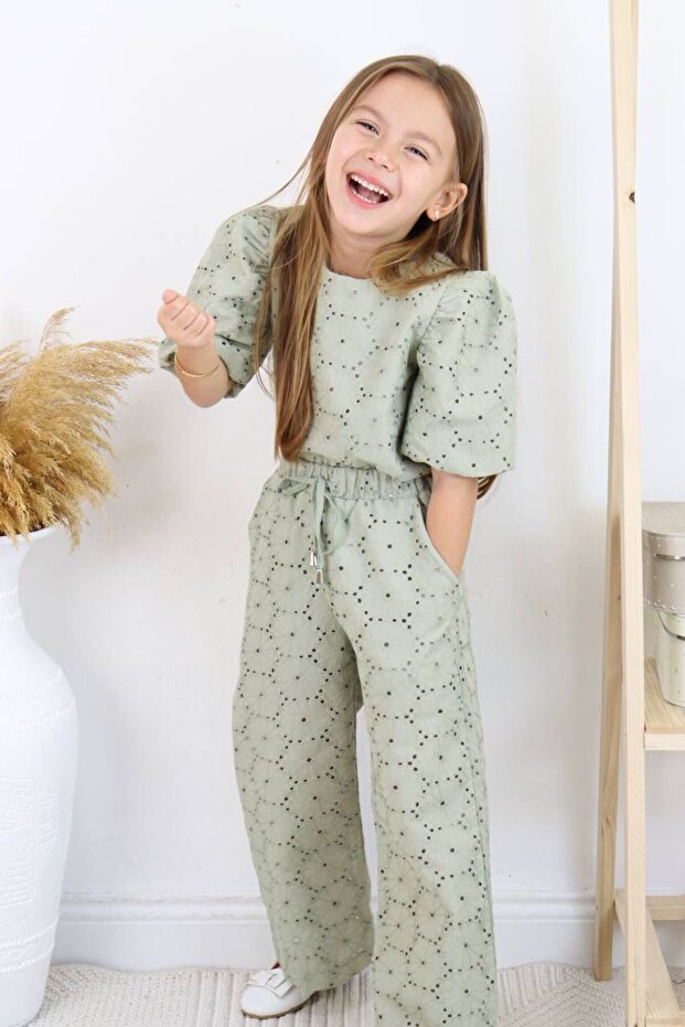 Khaki Scallop Balloon Sleeve Blouse and Trousers Set