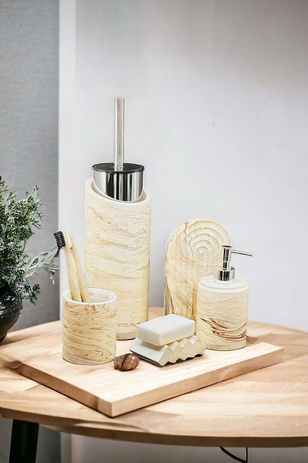 Marble Serisi Bej Beton Banyo Seti Ve Wc Tuvalet Fırçalığı - 5