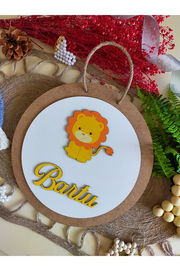 Safari Serisi Ayıcık Aslan Zürafa  30 cm Ahşap Çocuk ve Bebek Odası İsimli Kapı Süsü - 5