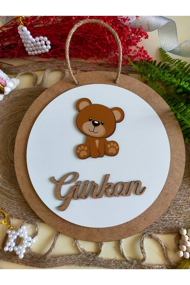 Safari Serisi Ayıcık Aslan Zürafa  30 cm Ahşap Çocuk ve Bebek Odası İsimli Kapı Süsü - 2