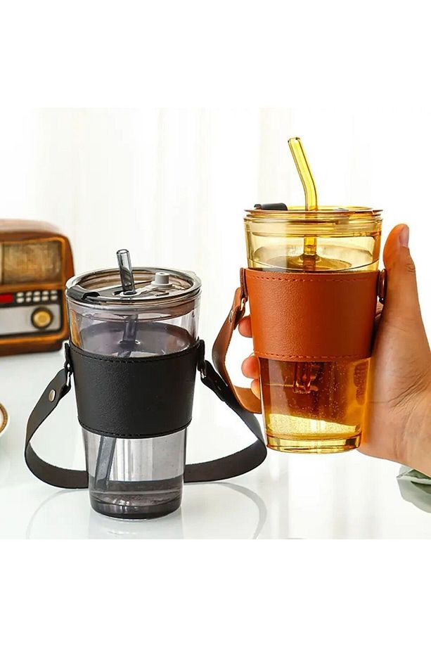 450ml Isıya Dayanıklı Pipetli Borosilikat Retro Deri Şeritli Bardak | Kahve Sunum Bardağı - 1 Adet - 8