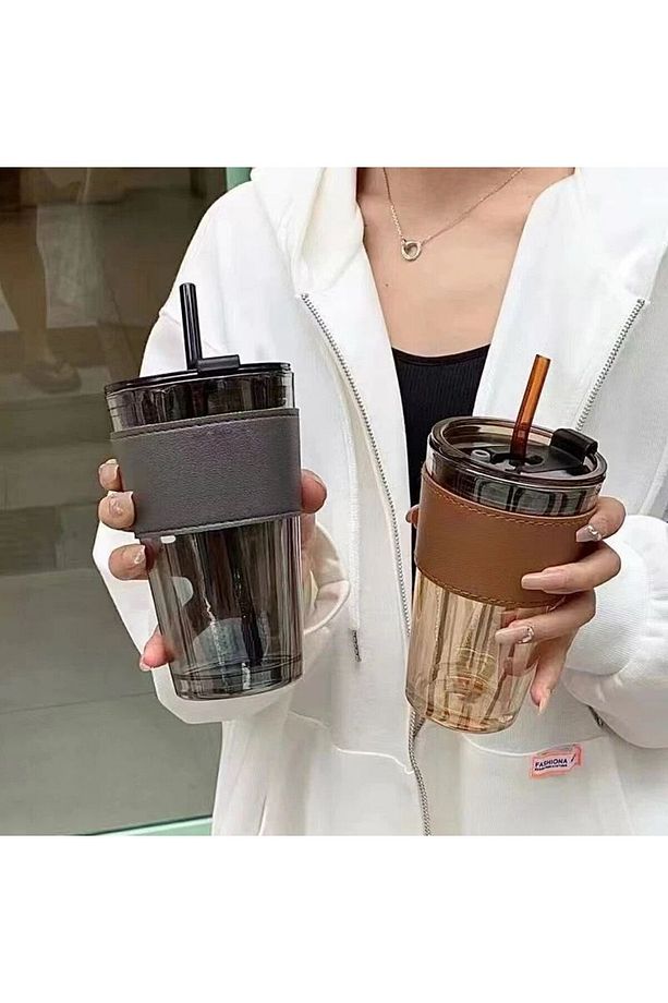 450ml Isıya Dayanıklı Pipetli Borosilikat Retro Deri Şeritli Bardak | Kahve Sunum Bardağı - 1 Adet - 6